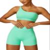 ABOCIW Workout Sets for Women 2 Piece One Shoulder Sports Bra Crossover High Waist Biker Shorts Yoga Gym Sets Apple Green Small view 1