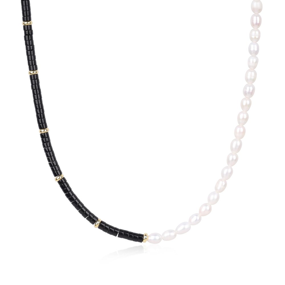 COAI Heishi Women's Black Stone Necklace, Pearl Strand Necklace for Women