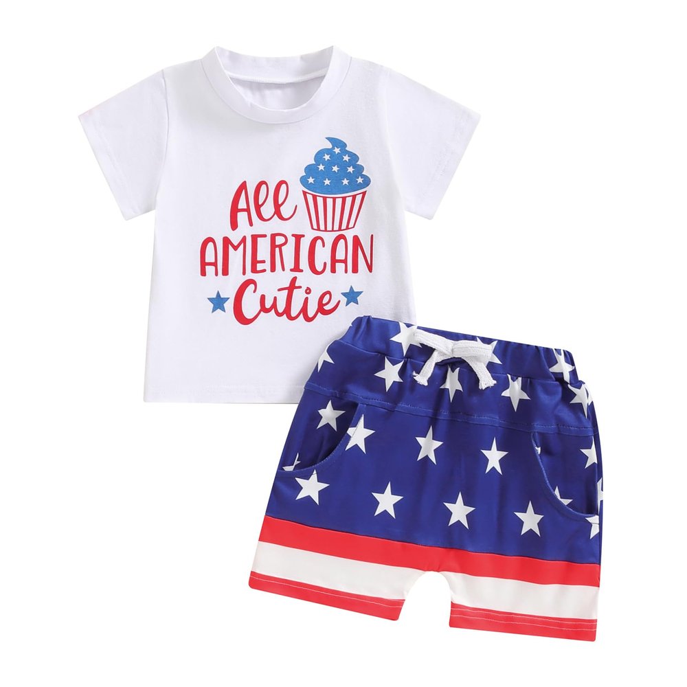 4th of July Baby Boy Outfit Infant USA Embroidered Shirt + American Flag Shorts Set Toddler Independence Day Clothes (All American Cutie Blue, 12-18 Months)