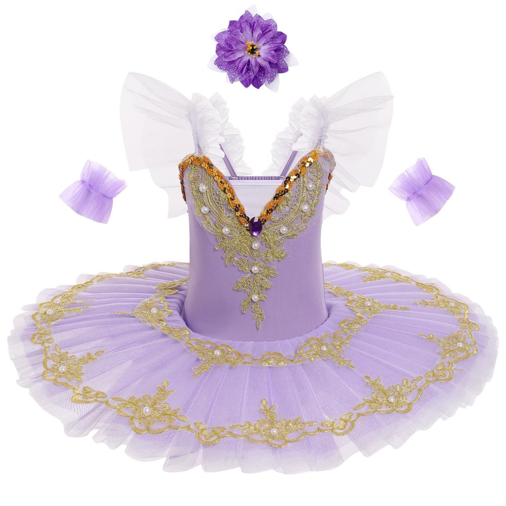 AFAVOM Ballerina Swan Lake Costume for Girls Camisole Skirted Leotard Ballet Dance Outfit with Hair Clip Armbands Sparkle Embroidery Hard Platter Tutu Performance Dancewear Dress Purple 7-8 Years