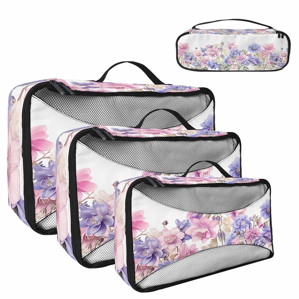 4 Set Packing Cubes - Country Spring And Purple Flowers White Packing Cubes for Carry on Suitcase Lightweight Travel Essential Bag for Clothes Shoes Cosmetics Toiletry