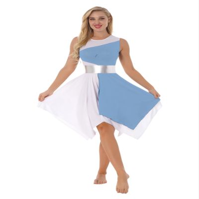 Aislor Women's Asymmetrical Liturgical Praise Dance Dress Tunic Sleeveless Color Block Lyrical Dance Costume Light Blue X-Large
