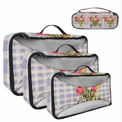4 Set Packing Cubes - Spring Watercolor Tulip Checkered Purple Packing Cubes for Carry on Suitcase Lightweight Travel Essential Bag for Clothes Shoes Cosmetics Toiletry
