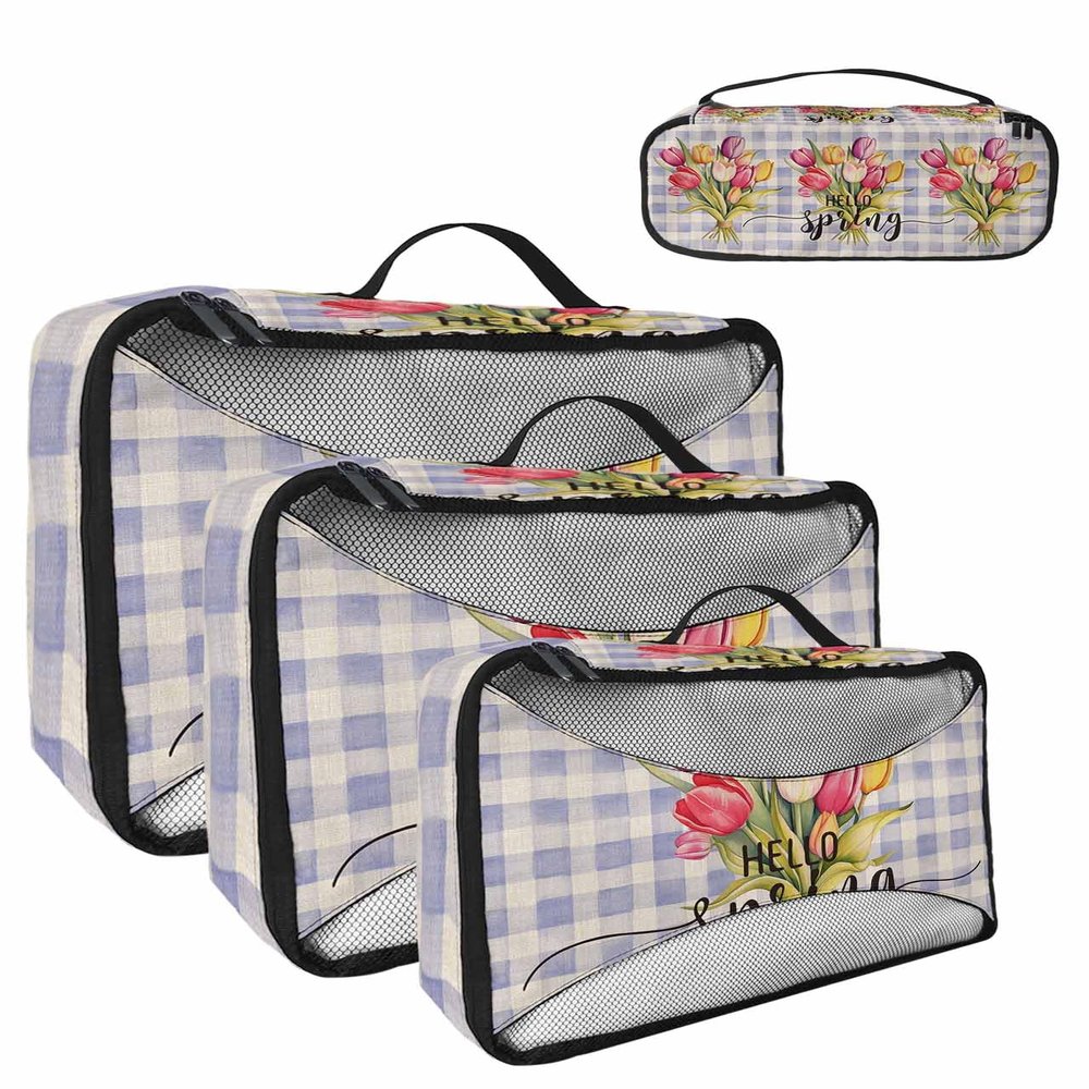 4 Set Packing Cubes - Spring Watercolor Tulip Checkered Purple Packing Cubes for Carry on Suitcase Lightweight Travel Essential Bag for Clothes Shoes Cosmetics Toiletry