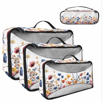 4 Set Packing Cubes - Summer Watercolor Daisy Flowers White Packing Cubes for Carry on Suitcase Lightweight Travel Essential Bag for Clothes Shoes Cosmetics Toiletry