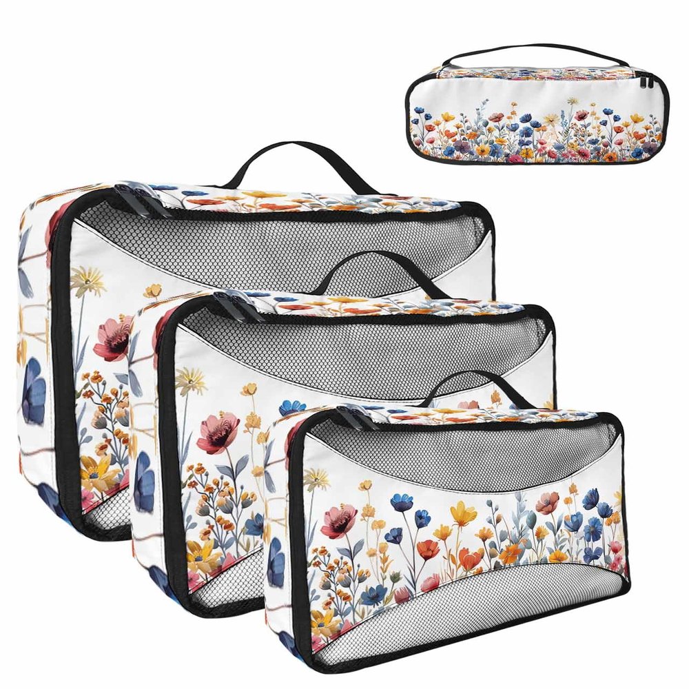 4 Set Packing Cubes - Summer Watercolor Daisy Flowers White Packing Cubes for Carry on Suitcase Lightweight Travel Essential Bag for Clothes Shoes Cosmetics Toiletry