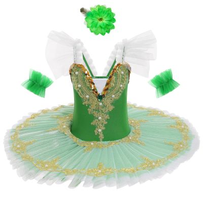 AFAVOM Ballerina Swan Lake Costume for Girls Camisole Skirted Leotard Ballet Dance Outfit with Hair Clip Armbands Sparkle Embroidery Hard Platter Tutu Performance Dancewear Dress Green 11-12 Years