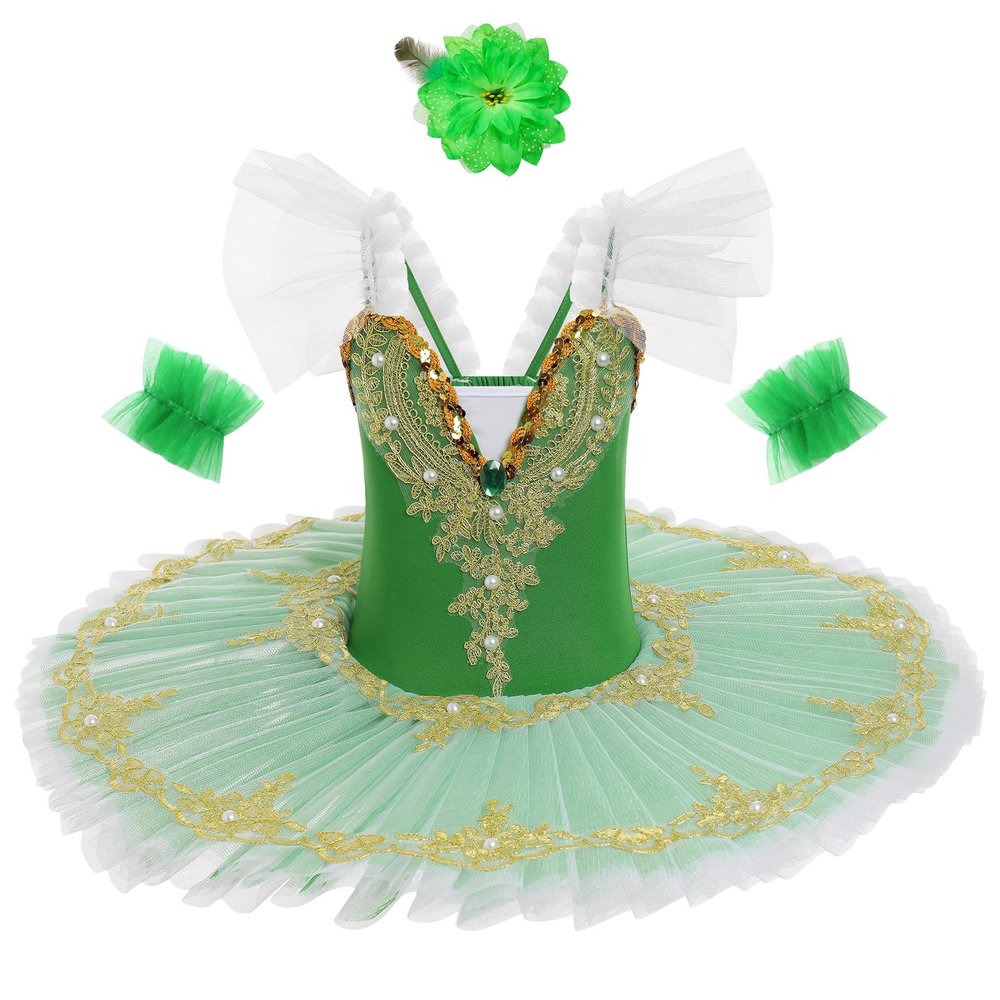 AFAVOM Ballerina Swan Lake Costume for Girls Camisole Skirted Leotard Ballet Dance Outfit with Hair Clip Armbands Sparkle Embroidery Hard Platter Tutu Performance Dancewear Dress Green 11-12 Years