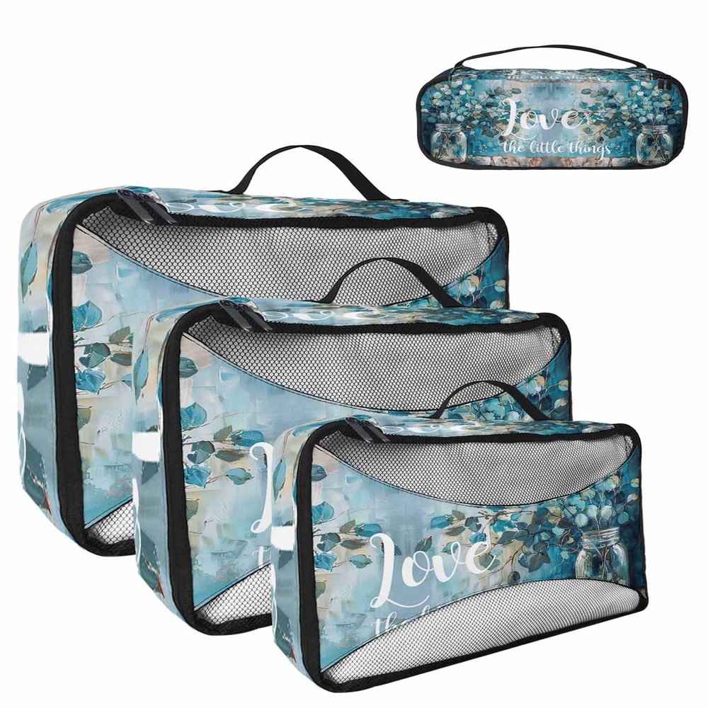 4 Set Packing Cubes - Retro Country Oil Painting Style Eucalyptus Leaf Bottle Packing Cubes for Carry on Suitcase Lightweight Travel Essential Bag for Clothes Shoes Cosmetics Toiletry