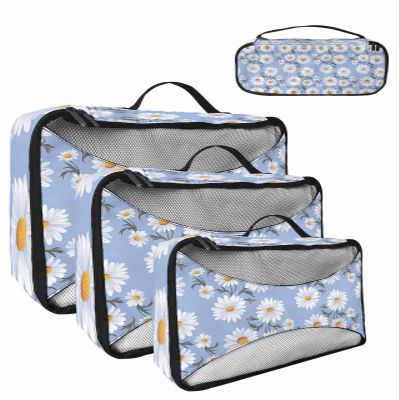 4 Set Packing Cubes - Watercolor Hand Painted Chrysanthemum Texture Blue Packing Cubes for Carry on Suitcase Lightweight Travel Essential Bag for Clothes Shoes Cosmetics Toiletry