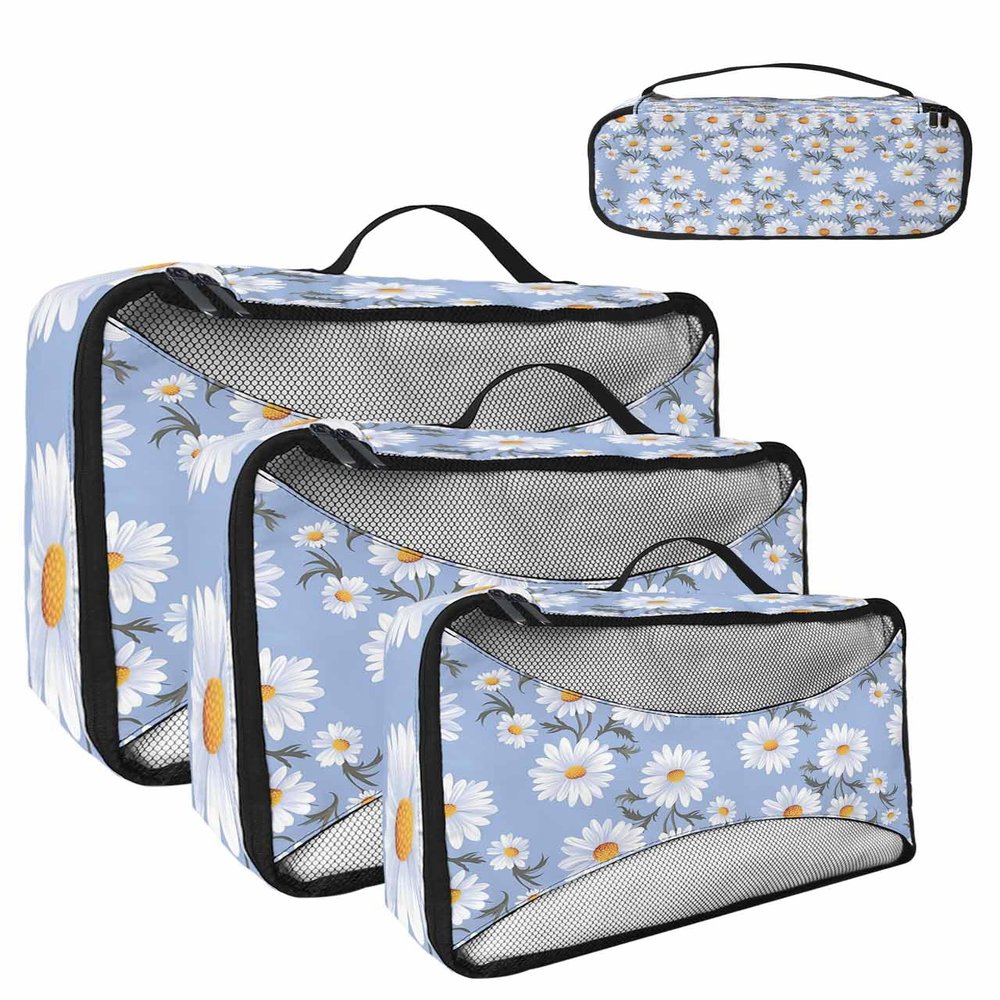4 Set Packing Cubes - Watercolor Hand Painted Chrysanthemum Texture Blue Packing Cubes for Carry on Suitcase Lightweight Travel Essential Bag for Clothes Shoes Cosmetics Toiletry