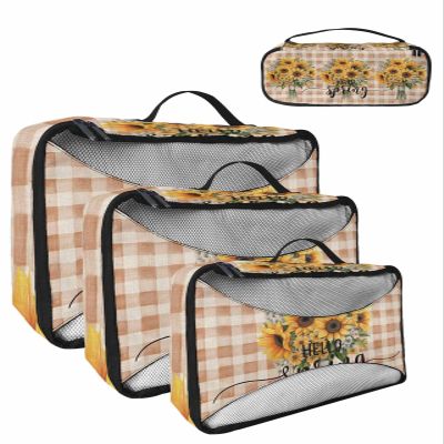 4 Set Packing Cubes - Spring Sunflower Checkered Plaid Brown Packing Cubes for Carry on Suitcase Lightweight Travel Essential Bag for Clothes Shoes Cosmetics Toiletry