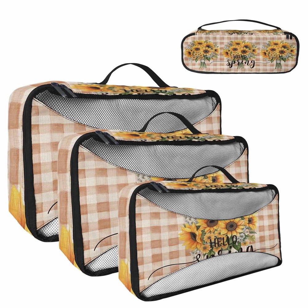 4 Set Packing Cubes - Spring Sunflower Checkered Plaid Brown Packing Cubes for Carry on Suitcase Lightweight Travel Essential Bag for Clothes Shoes Cosmetics Toiletry