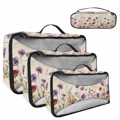 4 Set Packing Cubes - Spring Flowers Watercolor Purple Chrysanthemum Packing Cubes for Carry on Suitcase Lightweight Travel Essential Bag for Clothes Shoes Cosmetics Toiletry