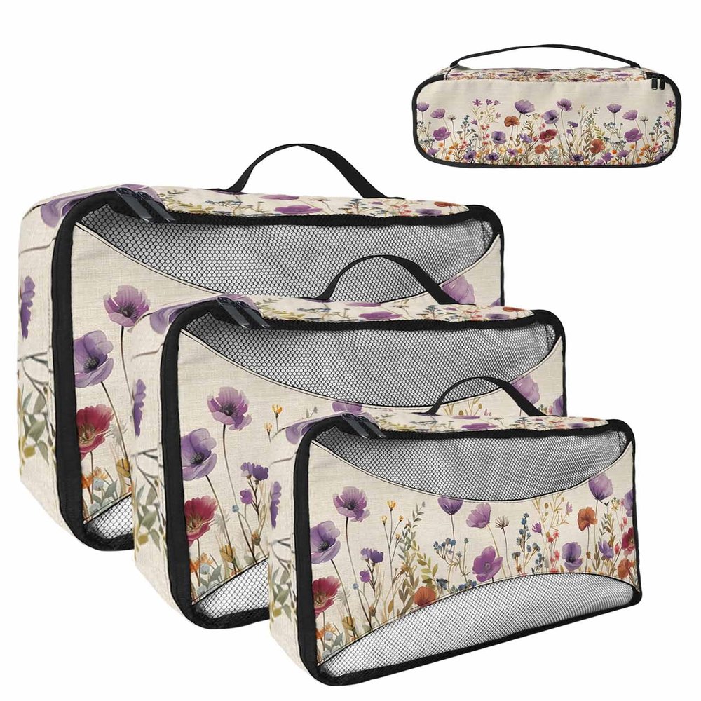 4 Set Packing Cubes - Spring Flowers Watercolor Purple Chrysanthemum Packing Cubes for Carry on Suitcase Lightweight Travel Essential Bag for Clothes Shoes Cosmetics Toiletry