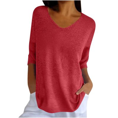 Summer Sweaters for Women 3/4 Sleeve Oversized Top V Neck Loose Fit Ribbed T Shirt Solid Color Casual Blouse Camisetas Verano Mujer Red