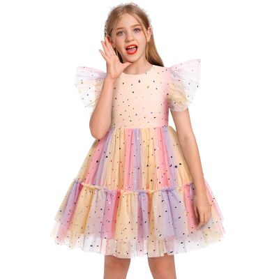 ODASDO Girls Birthday Party Dress Tutu Princess Rainbow Tulle Flutter Sleeve Mesh Bowknot A-line Knee Length Shiny Dress for Pageant Evening Holiday Wedding Formal Occasion Pink Colorful 9-10 Years