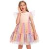 ODASDO Girls Birthday Party Dress Tutu Princess Rainbow Tulle Flutter Sleeve Mesh Bowknot A-line Knee Length Shiny Dress for Pageant Evening Holiday Wedding Formal Occasion Pink Colorful 9-10 Years view 1