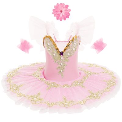 AFAVOM Hard Platter Swan Lake Ballerina Costume for Girls Camisole Skirted Leotard Ballet Dance Outfit with Hair Clip Armbands 3PCS Sequin Embroidery Lace Tutu Performance Dancewear Pink 3-4 Years