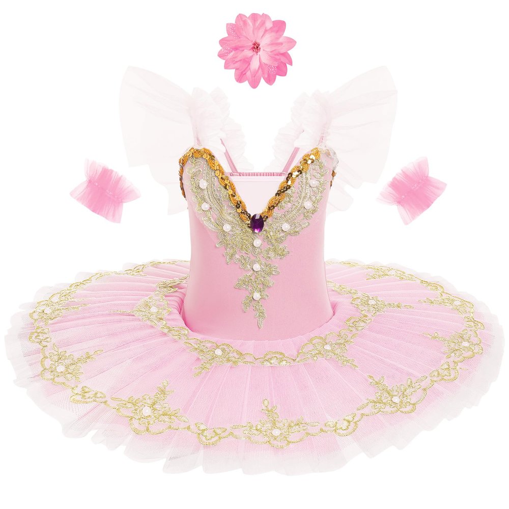 AFAVOM Hard Platter Swan Lake Ballerina Costume for Girls Camisole Skirted Leotard Ballet Dance Outfit with Hair Clip Armbands 3PCS Sequin Embroidery Lace Tutu Performance Dancewear Pink 3-4 Years