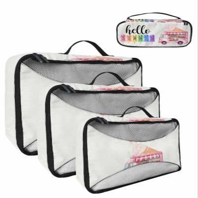 4 Set Packing Cubes - Hello Summer Watercolor Ice Cream Cars Packing Cubes for Carry on Suitcase Lightweight Travel Essential Bag for Clothes Shoes Cosmetics Toiletry