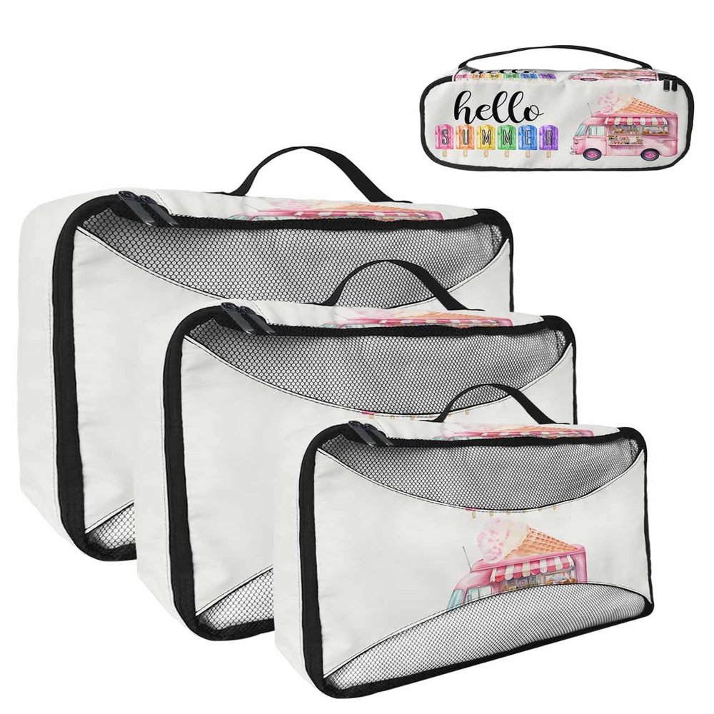 4 Set Packing Cubes - Hello Summer Watercolor Ice Cream Cars Packing Cubes for Carry on Suitcase Lightweight Travel Essential Bag for Clothes Shoes Cosmetics Toiletry