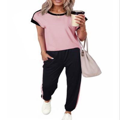 Dokotoo Womens Pajama Sets Summer Outfits Colorblock Short Sleeve Jogger Workout Sets Sweatsuits Loungewear Tracksuits Fall Fashion Clothing 2025