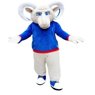 Power Ram in Blue Shirt Mascot Costume Adult Size for Men & Women with Built-in Fan Inside the Head