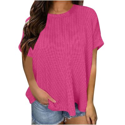 Akklian Oversized Tshirts for Women Short Sleeve Casual Solid Color Loose Basic Tee Shirts Texture Knit Tunic Tops Blouses