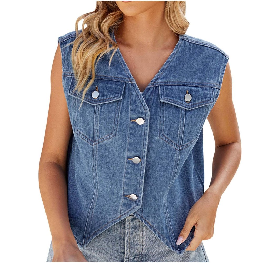 Akklian Womens 2024 Summer Tops Denim Vest Button down Cap Short Sleeve Cropped Jean Denim Jacket Fashion Casual Washed Denim