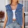 Akklian Womens 2024 Summer Tops Denim Vest Button down Cap Short Sleeve Cropped Jean Denim Jacket Fashion Casual Washed Denim view 3