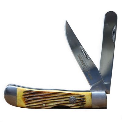 WHISKEY BENT HAT CO. Trapper & Locking Bullcutter Folding Pocket Knife 4.125" Closed Length 440C Stainless Steel Blades (Sawmill)