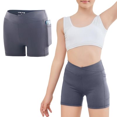 MEJING Girls Bike Shorts Size 6-6X, Kids Grey Athletic Volleyball Shorts with Pockets, Cross Waist Running Yoga Dance Compression Gymnastics Short