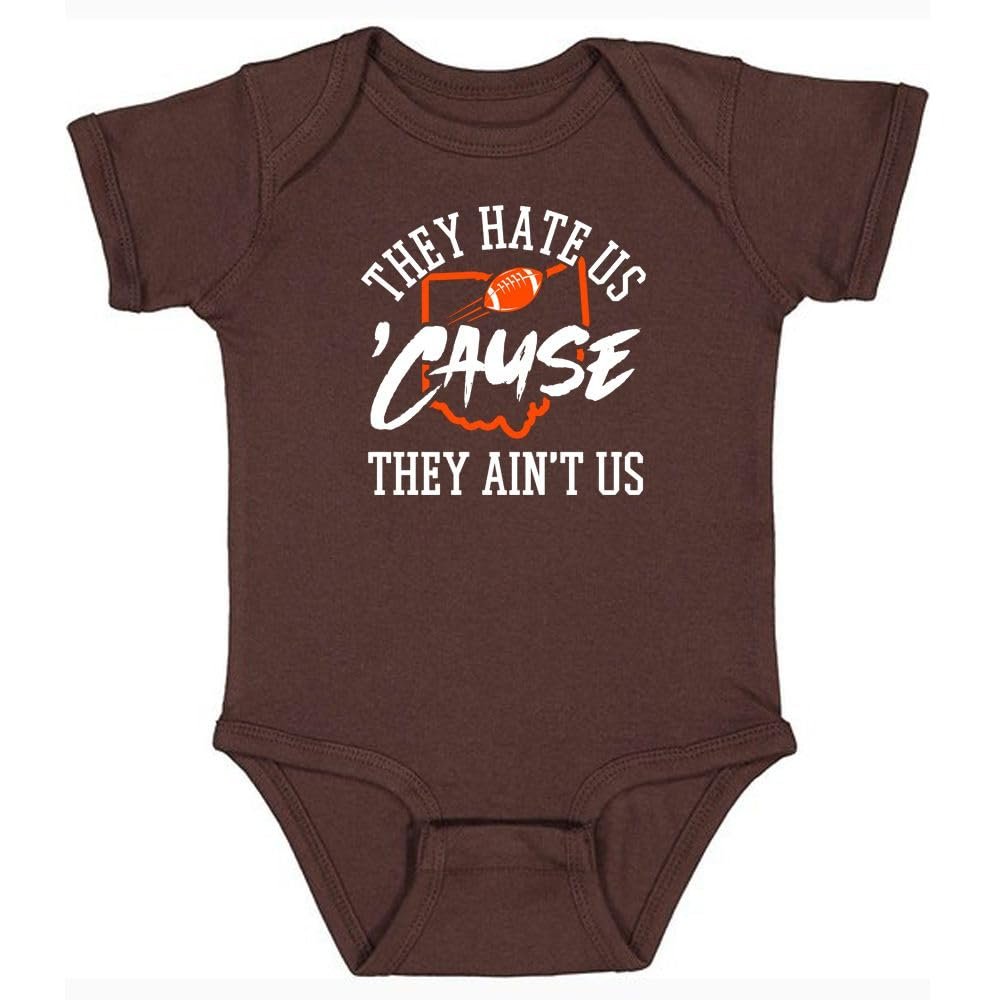 Xtreme Apparrel Cleveland - They Hate Us 'Cause They Ain't Us Baby Bodysuit for Football Fans (Brown, 6M)