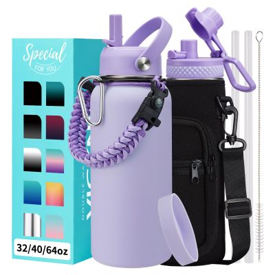 32/40/64 OZ Insulated Water Bottle - with Straw Spout Lid, 32 oz Water Bottles Sleeve, Paracord Handle, Protective Boot, Metal Thermo Stainless Steel Flask Cup for Work Sports Gym Travel