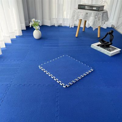 12pcs Patchwork Foam Mat, Floor Mat with Linen Fabric Top, 30x30x1cm Thicken Interlocking Carpet Tiles, Soft EVA Foam Tiles Square Rugs for Exercise, Yoga(Color:Dark Blue)