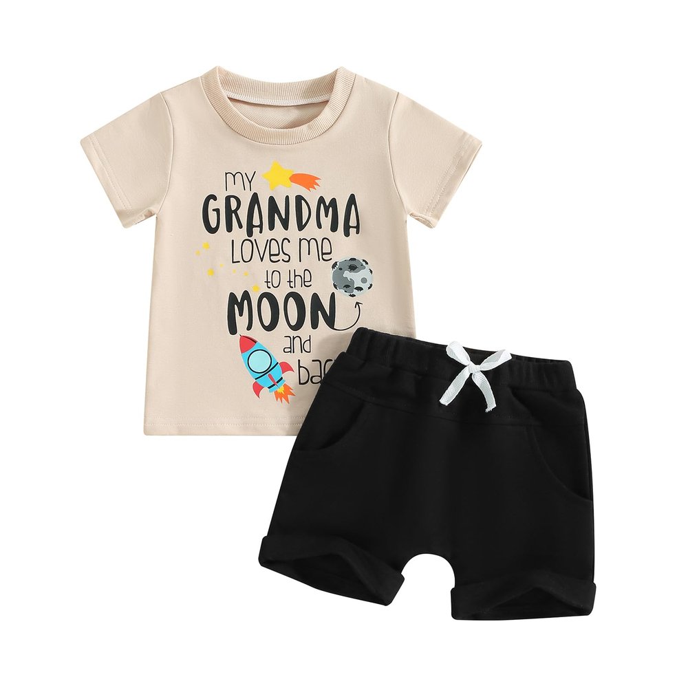 Fernvia Baby Boy Summer Outfits Toddler Funny Letter Short Sleeve T-Shirt Tops Elastic Shorts 2 Piece Clothes Set