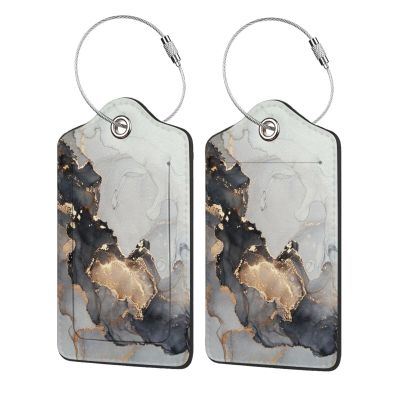 2 Pack Luggage Tag for Suitcase,Black Gold Marble PU Leather Suitcase Tags Identifiers with Privacy Name Address Labels and Steel Loop for Women Men Travel