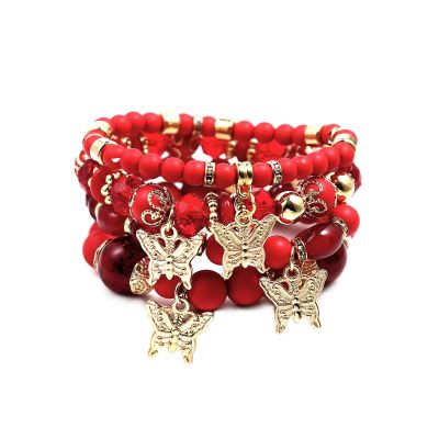 Pingyongchang Stackable Beaded Bracelets for Women Multi-Layer Mixed Color Beaded Stretch Bracelet Crystal Stone Heart Letter Gold Charm Gemstone Bangles for Women Men Boho Summer Beach Jewelry-B Red
