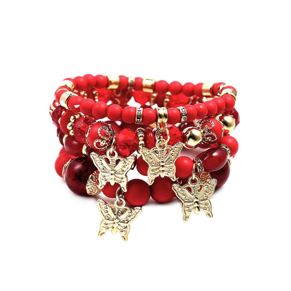 Pingyongchang Stackable Beaded Bracelets for Women Multi-Layer Mixed Color Beaded Stretch Bracelet Crystal Stone Heart Letter Gold Charm Gemstone Bangles for Women Men Boho Summer Beach Jewelry-B Red