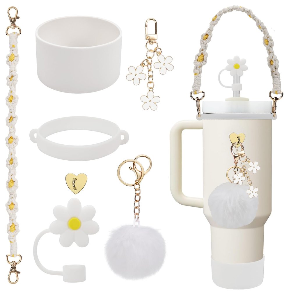 Stanley Cup Accessories Set Including 1 Pcs Water Bottle Handle Strap, 1 Pcs Siliocne Stanley Cup Boot, 1 Pcs Siliocne Straw Cover, 2 Pcs Stanley Charms for Stanley Cup 40oz & 30oz Tumbler (White)