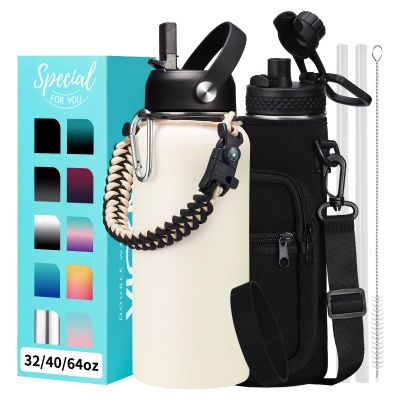 32 oz Insulated Water Bottle with Straw - Chug Lid, (Cold 48h, Hot 24h) Stainless Steel Flask with Paracord Handle, Storage Pouch with Strap, Metal Thermo for School Travel Sports Gym Women