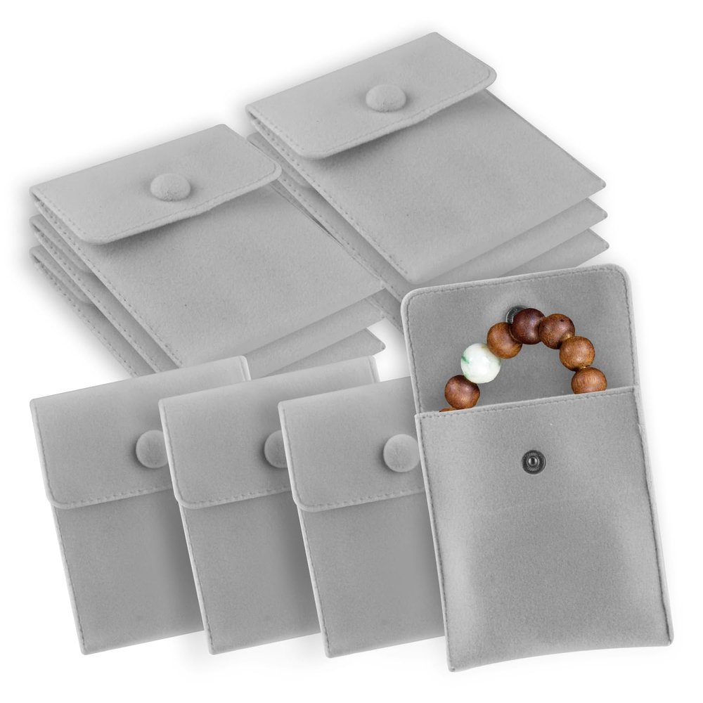 BOSMIOW 10 Packs Velvet Jewelry Pouch with Snap Button,8.5 * 10cm Small Bracelet Packaging Bags,Envelope Style Storage Bags,Gift Bags for Rings Necklace Earrings Watch,Grey