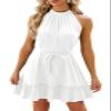 ebossy Womens Sleeveless Tank Dress Halter Neck Ruffles Pleated A-Line Swing Mini Dress with Belt (S, White) view 1