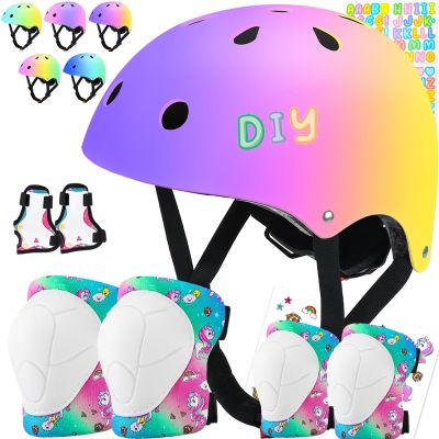 Comforhous Color Gradient Kids Bike Helmet and Pads Adjustable Helmet for Kids Protective Gear Set with Elbow Knee Pads Wrist Guards for Cycling Bicycle