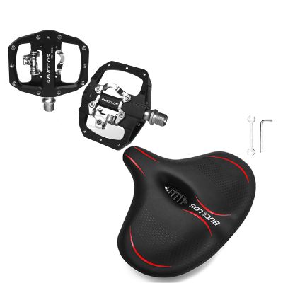 BUCKLOS SPD Pedals PD-M680 MTB Mountain Bike Clip in Dual Sided Pedals and Comfortable Extra Wide Bike Seat Cushion for Women Men