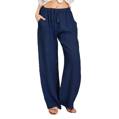 NineFit Basics Women's Cotton Linen Pants Summer Elastic Waist Drawstring Palazzo Pants Wide Leg Casual Loose Trousers with Pockets Navy, Medium