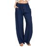 NineFit Basics Women's Cotton Linen Pants Summer Elastic Waist Drawstring Palazzo Pants Wide Leg Casual Loose Trousers with Pockets Navy, Medium view 1
