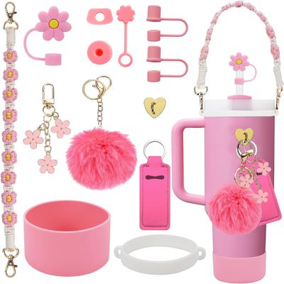 3tyto Stanley Cup Accessories Set Including Water Bottle Handle Strap, Siliocne Stanley Cup Boot, Siliocne Straw Cover, Stanley Charms for Stanleys Cup 40oz & 30oz Tumbler (Pink)