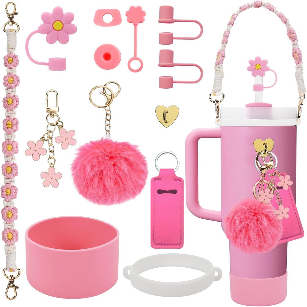 3tyto Stanley Cup Accessories Set Including Water Bottle Handle Strap, Siliocne Stanley Cup Boot, Siliocne Straw Cover, Stanley Charms for Stanleys Cup 40oz & 30oz Tumbler (Pink)